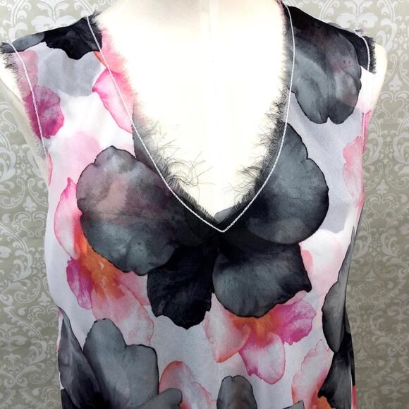Rachel Roy Small Womens Watercolor Floral Print Sheer Frayed Sleeveless Blouse - Picture 3 of 8
